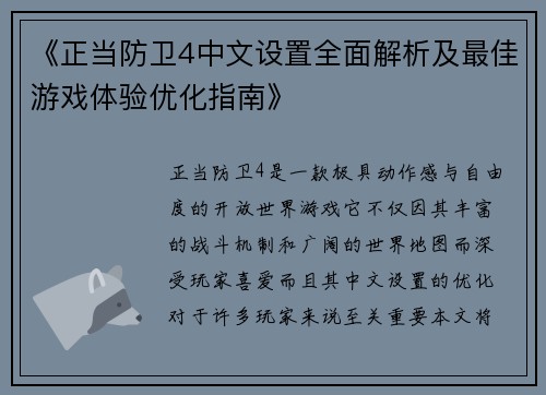 《正当防卫4中文设置全面解析及最佳游戏体验优化指南》